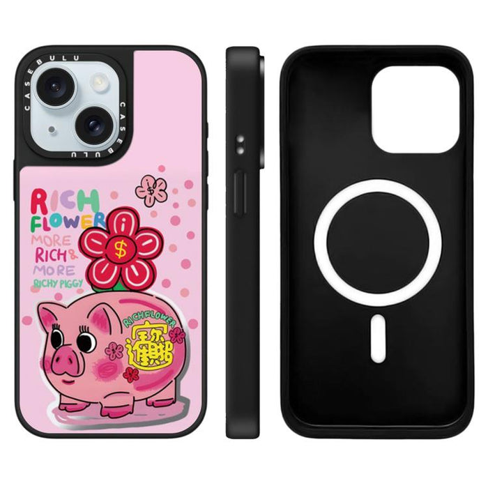 Funda magnética para teléfono con espejo y estampado de la serie Rich Flower, For iPhone 16 Pro Max, For iPhone 16 Pro, For iPhone 16 Plus, For iPhone 16, For iPhone 15 Pro Max, For iPhone 15 Pro, For iPhone 15 Plus, For iPhone 15