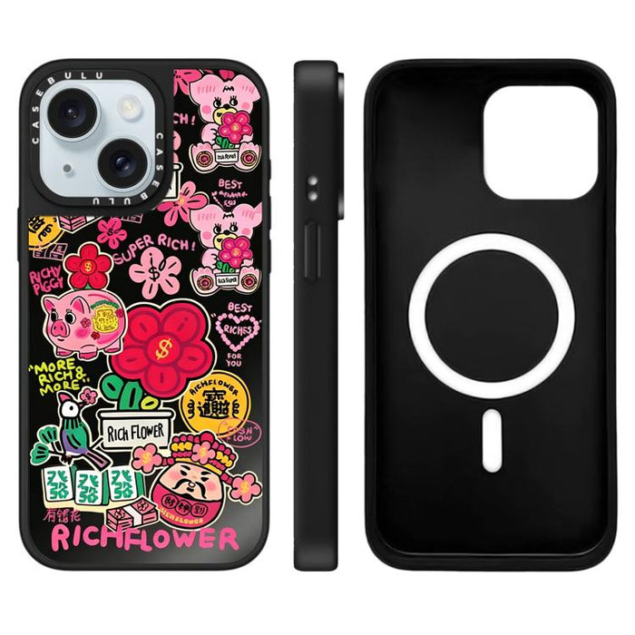 Funda magnética para teléfono con espejo y estampado de la serie Rich Flower, For iPhone 16 Pro Max, For iPhone 16 Pro, For iPhone 16 Plus, For iPhone 16, For iPhone 15 Pro Max, For iPhone 15 Pro, For iPhone 15 Plus, For iPhone 15