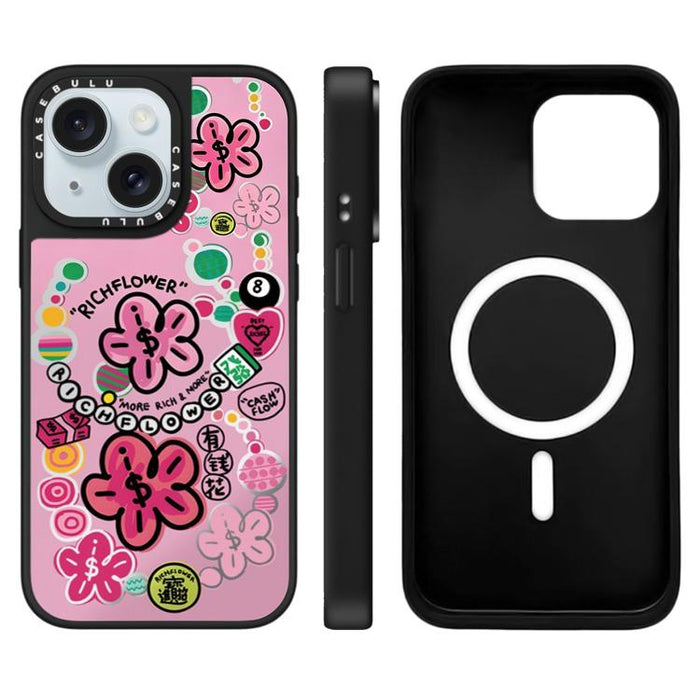 Funda magnética para teléfono con espejo y estampado de la serie Rich Flower, For iPhone 16 Pro Max, For iPhone 16 Pro, For iPhone 16 Plus, For iPhone 16, For iPhone 15 Pro Max, For iPhone 15 Pro, For iPhone 15 Plus, For iPhone 15