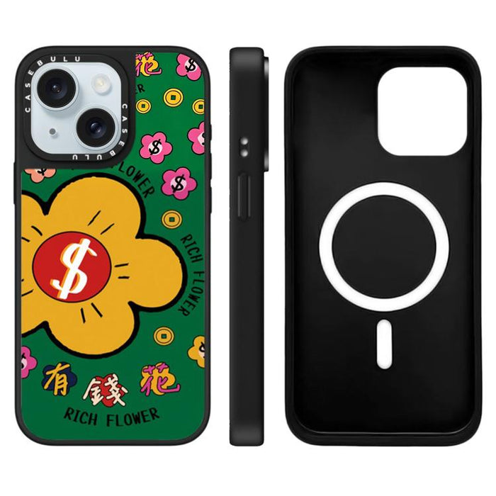 Funda magnética para teléfono con espejo y estampado de la serie Rich Flower, For iPhone 16 Pro Max, For iPhone 16 Pro, For iPhone 16 Plus, For iPhone 16, For iPhone 15 Pro Max, For iPhone 15 Pro, For iPhone 15 Plus, For iPhone 15