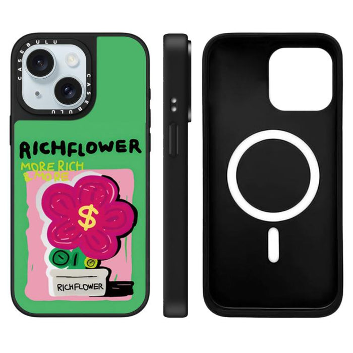 Funda magnética para teléfono con espejo y estampado de la serie Rich Flower, For iPhone 16 Pro Max, For iPhone 16 Pro, For iPhone 16 Plus, For iPhone 16, For iPhone 15 Pro Max, For iPhone 15 Pro, For iPhone 15 Plus, For iPhone 15