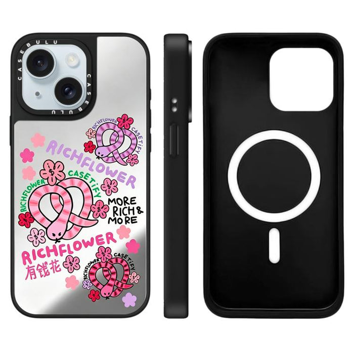 Funda magnética para teléfono con espejo y estampado de la serie Rich Flower, For iPhone 16 Pro Max, For iPhone 16 Pro, For iPhone 16 Plus, For iPhone 16, For iPhone 15 Pro Max, For iPhone 15 Pro, For iPhone 15 Plus, For iPhone 15