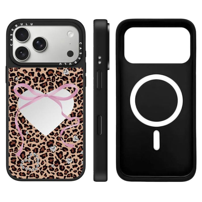 Funda magnética para teléfono con espejo y botón de control de cámara con estampado de leopardo y cerezas de la serie Leopard, For iPhone 17 Pro Max, For iPhone 17 Pro, For iPhone 17, For iPhone Air