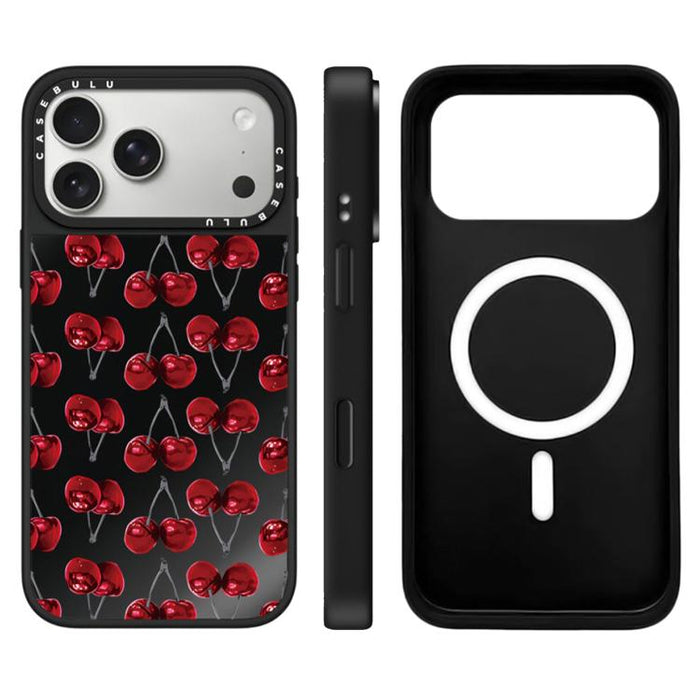 Funda magnética para teléfono con espejo y botón de control de cámara con estampado de leopardo y cerezas de la serie Leopard, For iPhone 17 Pro Max, For iPhone 17 Pro, For iPhone 17, For iPhone Air