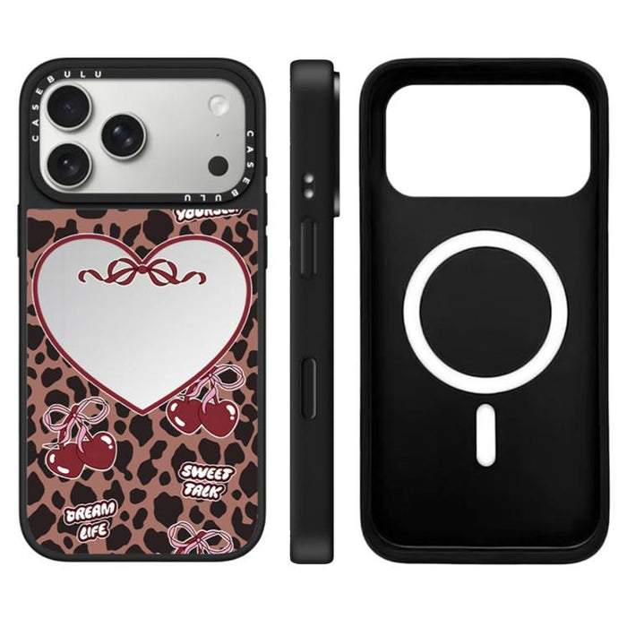 Funda magnética para teléfono con espejo y botón de control de cámara con estampado de leopardo y cerezas de la serie Leopard, For iPhone 17 Pro Max, For iPhone 17 Pro, For iPhone 17, For iPhone Air