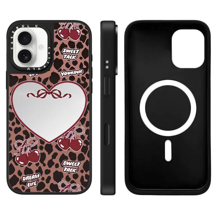 Funda magnética para teléfono con espejo y botón de control de cámara con estampado de leopardo y cerezas de la serie Leopard, For iPhone 17 Pro Max, For iPhone 17 Pro, For iPhone 17, For iPhone Air