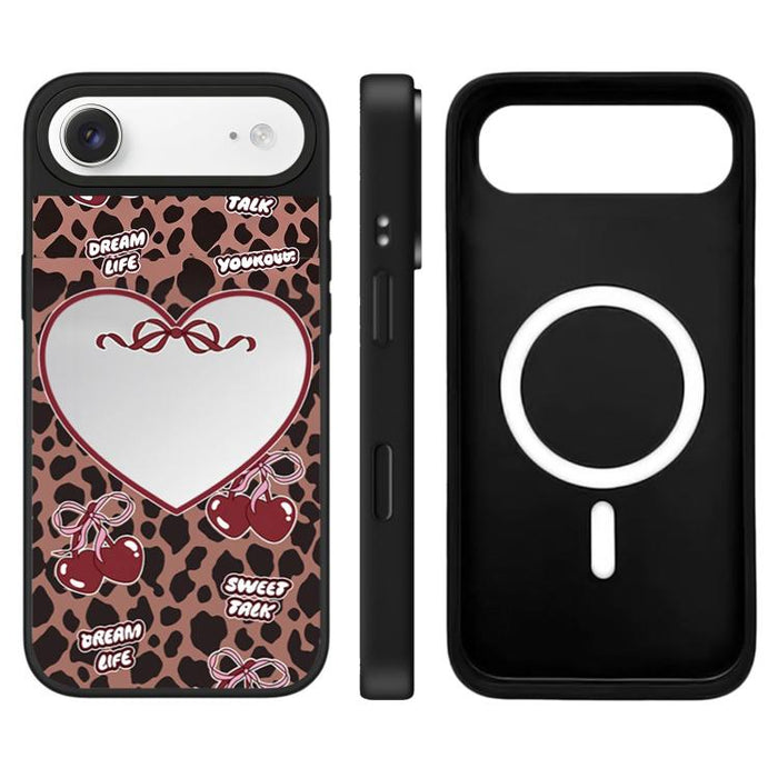 Funda magnética para teléfono con espejo y botón de control de cámara con estampado de leopardo y cerezas de la serie Leopard, For iPhone 17 Pro Max, For iPhone 17 Pro, For iPhone 17, For iPhone Air