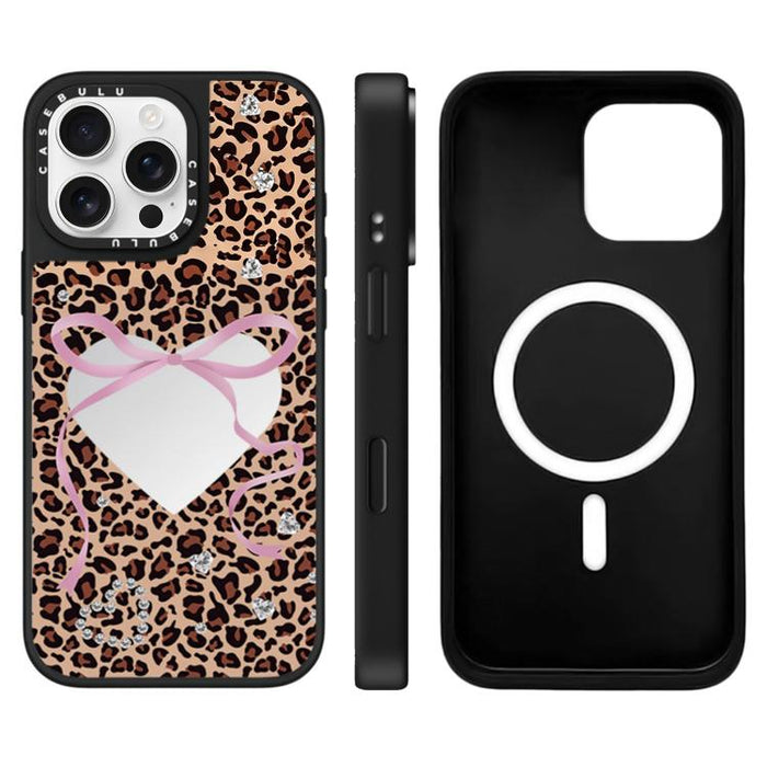 Funda magnética para teléfono con espejo y estampado de leopardo de la serie Cherry, For iPhone 16 Pro Max, For iPhone 16 Pro, For iPhone 16 Plus, For iPhone 16, For iPhone 15 Pro Max, For iPhone 15 Pro, For iPhone 15 Plus, For iPhone 15