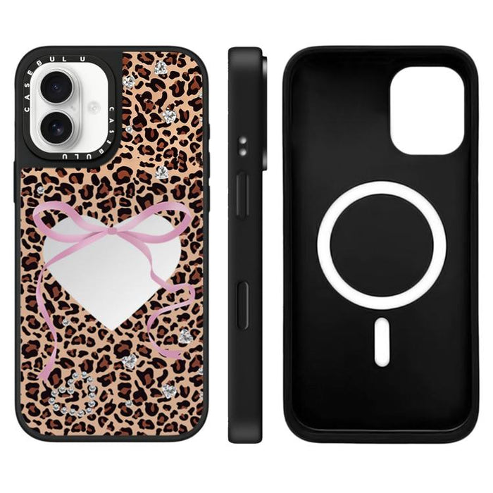 Funda magnética para teléfono con espejo y estampado de leopardo de la serie Cherry, For iPhone 16 Pro Max, For iPhone 16 Pro, For iPhone 16 Plus, For iPhone 16, For iPhone 15 Pro Max, For iPhone 15 Pro, For iPhone 15 Plus, For iPhone 15