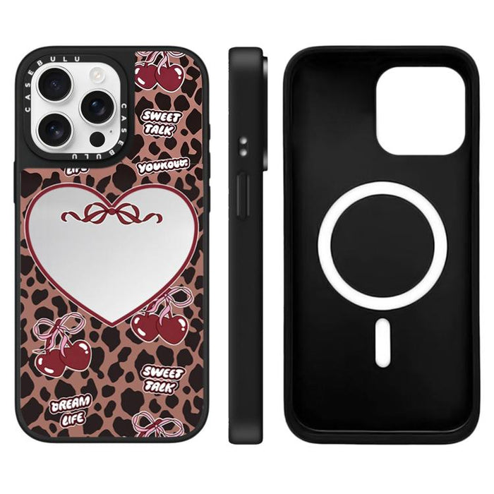 Funda magnética para teléfono con espejo y estampado de leopardo de la serie Cherry, For iPhone 16 Pro Max, For iPhone 16 Pro, For iPhone 16 Plus, For iPhone 16, For iPhone 15 Pro Max, For iPhone 15 Pro, For iPhone 15 Plus, For iPhone 15