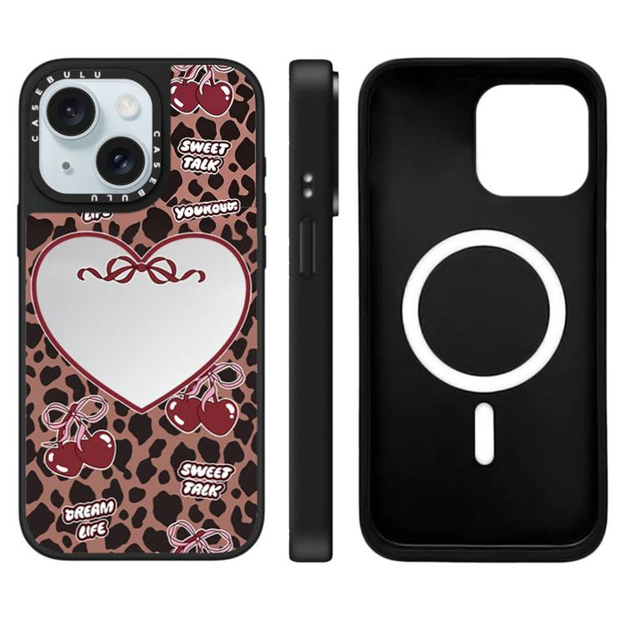 Funda magnética para teléfono con espejo y estampado de leopardo de la serie Cherry, For iPhone 16 Pro Max, For iPhone 16 Pro, For iPhone 16 Plus, For iPhone 16, For iPhone 15 Pro Max, For iPhone 15 Pro, For iPhone 15 Plus, For iPhone 15