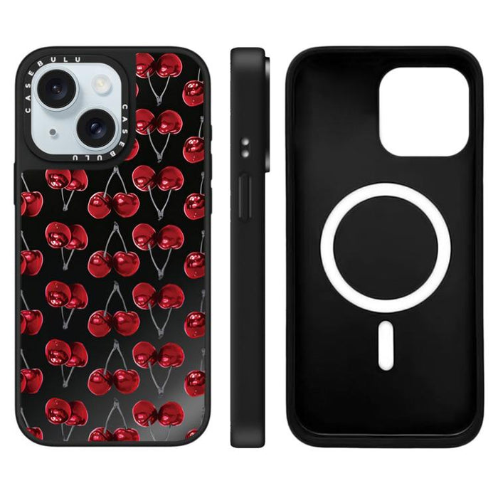 Funda magnética para teléfono con espejo y estampado de leopardo de la serie Cherry, For iPhone 16 Pro Max, For iPhone 16 Pro, For iPhone 16 Plus, For iPhone 16, For iPhone 15 Pro Max, For iPhone 15 Pro, For iPhone 15 Plus, For iPhone 15