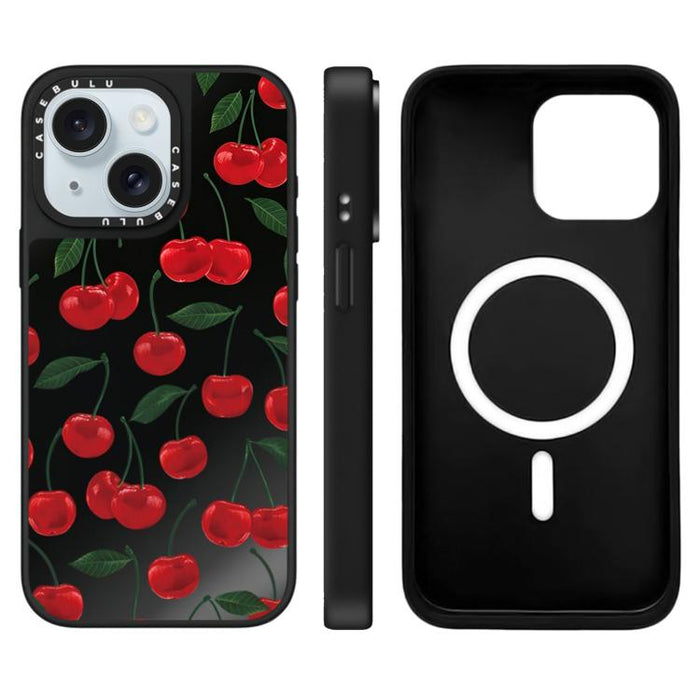 Funda magnética para teléfono con espejo y estampado de leopardo de la serie Cherry, For iPhone 16 Pro Max, For iPhone 16 Pro, For iPhone 16 Plus, For iPhone 16, For iPhone 15 Pro Max, For iPhone 15 Pro, For iPhone 15 Plus, For iPhone 15