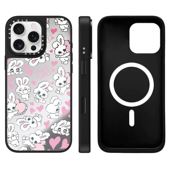 Funda magnética para teléfono con espejo y estampado de la serie Bunny, For iPhone 16 Pro Max, For iPhone 16 Pro, For iPhone 16 Plus, For iPhone 16, For iPhone 15 Pro Max, For iPhone 15 Pro, For iPhone 15 Plus, For iPhone 15