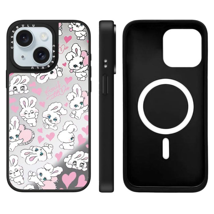 Funda magnética para teléfono con espejo y estampado de la serie Bunny, For iPhone 16 Pro Max, For iPhone 16 Pro, For iPhone 16 Plus, For iPhone 16, For iPhone 15 Pro Max, For iPhone 15 Pro, For iPhone 15 Plus, For iPhone 15