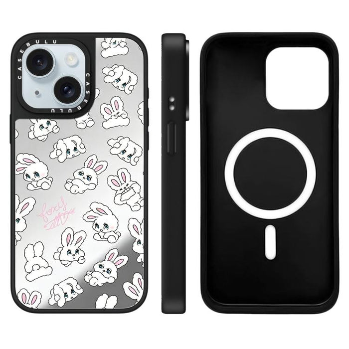 Funda magnética para teléfono con espejo y estampado de la serie Bunny, For iPhone 16 Pro Max, For iPhone 16 Pro, For iPhone 16 Plus, For iPhone 16, For iPhone 15 Pro Max, For iPhone 15 Pro, For iPhone 15 Plus, For iPhone 15
