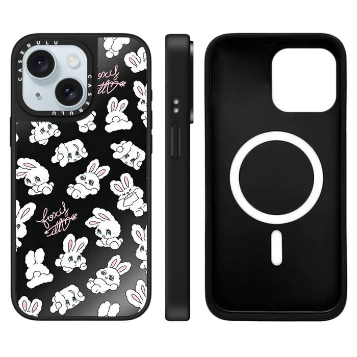 Funda magnética para teléfono con espejo y estampado de la serie Bunny, For iPhone 16 Pro Max, For iPhone 16 Pro, For iPhone 16 Plus, For iPhone 16, For iPhone 15 Pro Max, For iPhone 15 Pro, For iPhone 15 Plus, For iPhone 15