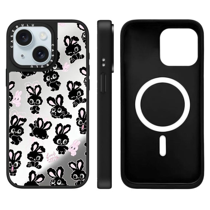 Funda magnética para teléfono con espejo y estampado de la serie Bunny, For iPhone 16 Pro Max, For iPhone 16 Pro, For iPhone 16 Plus, For iPhone 16, For iPhone 15 Pro Max, For iPhone 15 Pro, For iPhone 15 Plus, For iPhone 15