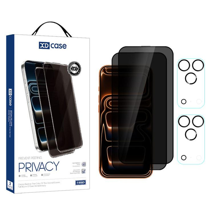 XDcase 2 pares de protectores de pantalla de vidrio templado anti-mirada + protector de lente serigrafiado, For iPhone 17 Pro Max, For iPhone 17 Pro, For iPhone 17, For iPhone Air