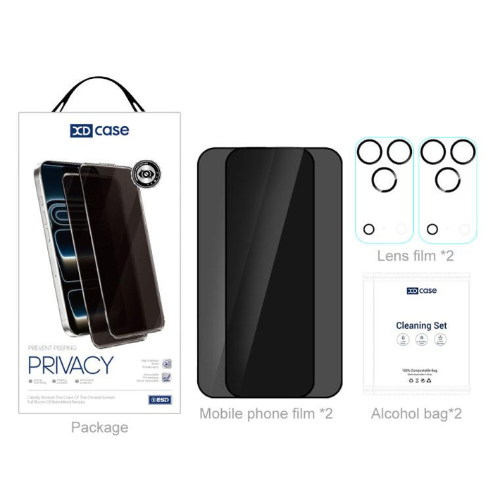 XDcase 2 pares de protectores de pantalla de vidrio templado anti-mirada + protector de lente serigrafiado, For iPhone 17 Pro Max, For iPhone 17 Pro, For iPhone 17, For iPhone Air