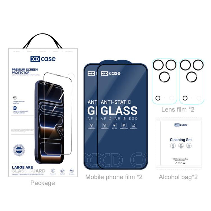 XDcase 2 pares de protectores de pantalla de vidrio templado HD + protector de lente serigrafiado, For iPhone 17 Pro Max, For iPhone 17 Pro, For iPhone 17, For iPhone Air