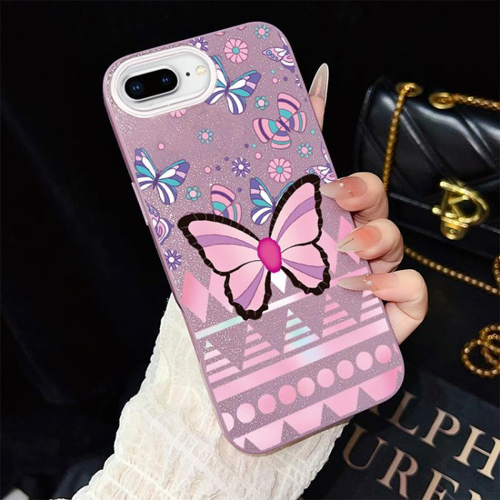 Funda híbrida para teléfono IMD con estampado de mariposa rosa y purpurina, de PC y TPU., For iPhone 11 Pro Max, For iPhone 11, For iPhone 11 Pro, For iPhone XS / X, For iPhone XR, For iPhone XS Max, For iPhone 8 Plus / 7 Plus, For iPhone 6 Plus / 6s P...