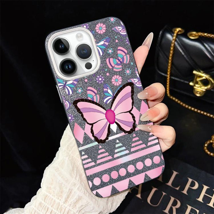 Funda híbrida para teléfono IMD con estampado de mariposa rosa y purpurina, de PC y TPU., For iPhone 17e / 16e, For iPhone 17 Pro Max, For iPhone 17 Pro, For iPhone 17, For iPhone Air, For iPhone 16 Pro Max, For iPhone 16 Pro, For iPhone 16 Plus       ...