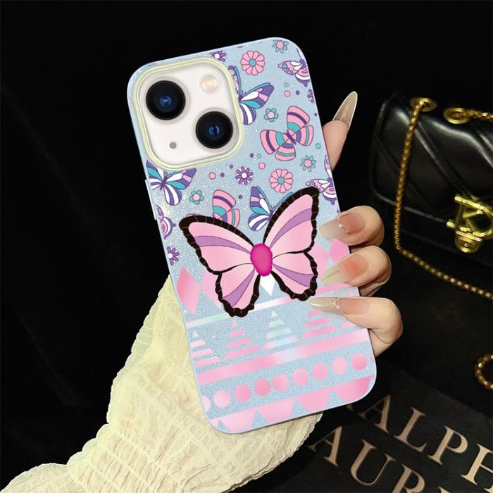Funda híbrida para teléfono IMD con estampado de mariposa rosa y purpurina, de PC y TPU., For iPhone 17e / 16e, For iPhone 17 Pro Max, For iPhone 17 Pro, For iPhone 17, For iPhone Air, For iPhone 16 Pro Max, For iPhone 16 Pro, For iPhone 16 Plus       ...