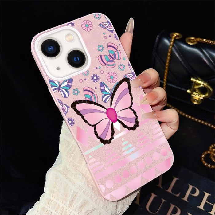 Funda híbrida para teléfono IMD con estampado de mariposa rosa y purpurina, de PC y TPU., For iPhone 17e / 16e, For iPhone 17 Pro Max, For iPhone 17 Pro, For iPhone 17, For iPhone Air, For iPhone 16 Pro Max, For iPhone 16 Pro, For iPhone 16 Plus       ...
