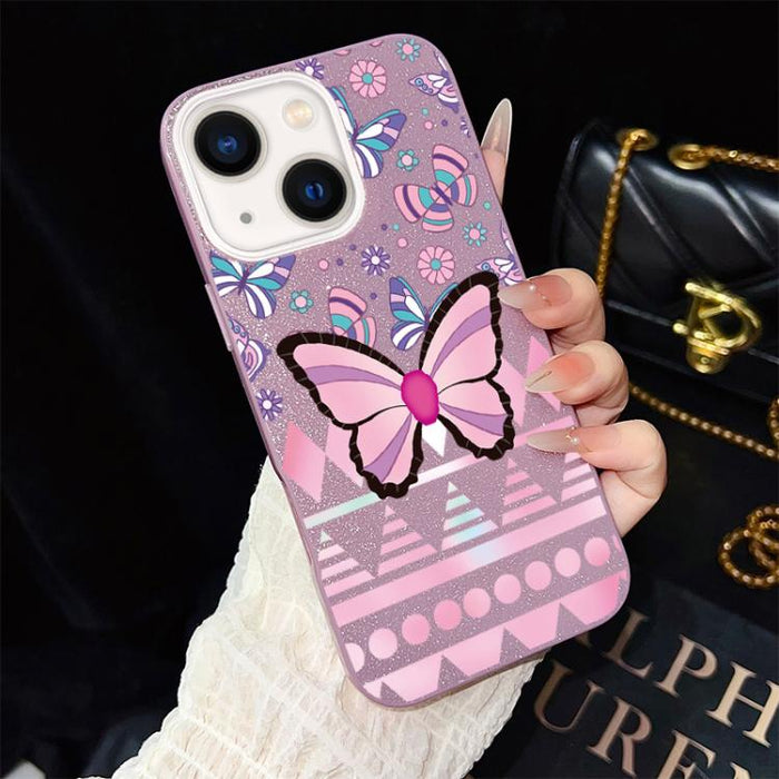 Funda híbrida para teléfono IMD con estampado de mariposa rosa y purpurina, de PC y TPU., For iPhone 17e / 16e, For iPhone 17 Pro Max, For iPhone 17 Pro, For iPhone 17, For iPhone Air, For iPhone 16 Pro Max, For iPhone 16 Pro, For iPhone 16 Plus       ...
