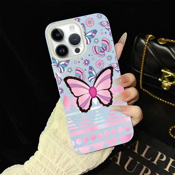 Funda híbrida para teléfono IMD con estampado de mariposa rosa y purpurina, de PC y TPU., For iPhone 17e / 16e, For iPhone 17 Pro Max, For iPhone 17 Pro, For iPhone 17, For iPhone Air, For iPhone 16 Pro Max, For iPhone 16 Pro, For iPhone 16 Plus       ...