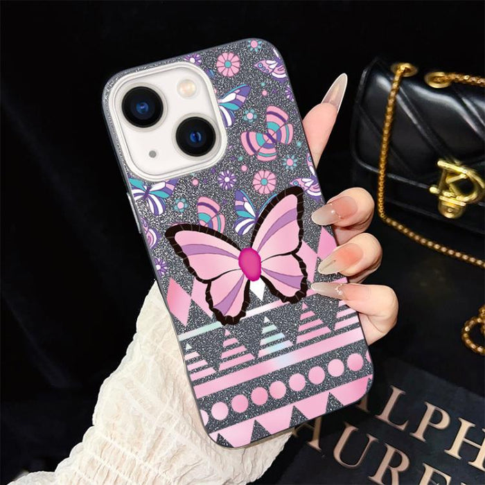 Funda híbrida para teléfono IMD con estampado de mariposa rosa y purpurina, de PC y TPU., For iPhone 17e / 16e, For iPhone 17 Pro Max, For iPhone 17 Pro, For iPhone 17, For iPhone Air, For iPhone 16 Pro Max, For iPhone 16 Pro, For iPhone 16 Plus       ...