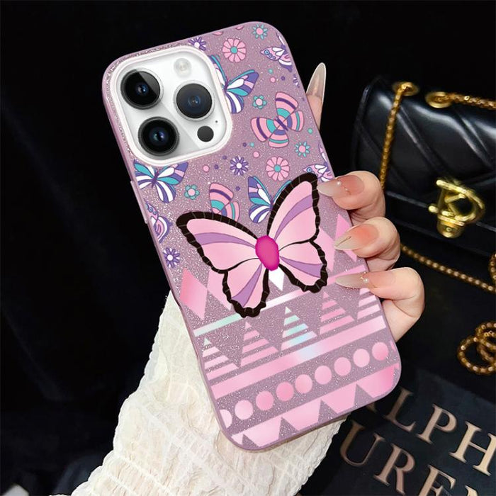 Funda híbrida para teléfono IMD con estampado de mariposa rosa y purpurina, de PC y TPU., For iPhone 17e / 16e, For iPhone 17 Pro Max, For iPhone 17 Pro, For iPhone 17, For iPhone Air, For iPhone 16 Pro Max, For iPhone 16 Pro, For iPhone 16 Plus       ...