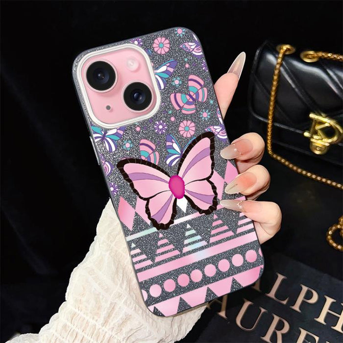 Funda híbrida para teléfono IMD con estampado de mariposa rosa y purpurina, de PC y TPU., For iPhone 17e / 16e, For iPhone 17 Pro Max, For iPhone 17 Pro, For iPhone 17, For iPhone Air, For iPhone 16 Pro Max, For iPhone 16 Pro, For iPhone 16 Plus       ...