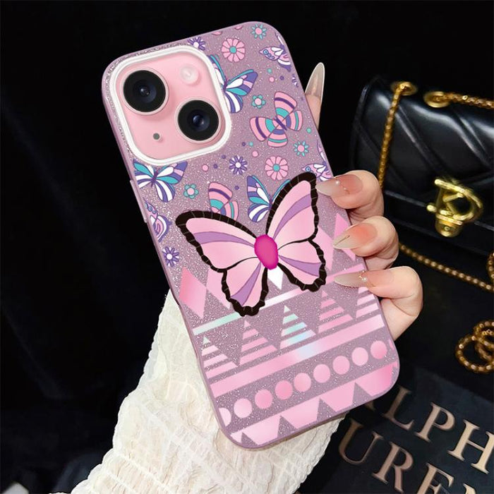 Funda híbrida para teléfono IMD con estampado de mariposa rosa y purpurina, de PC y TPU., For iPhone 17e / 16e, For iPhone 17 Pro Max, For iPhone 17 Pro, For iPhone 17, For iPhone Air, For iPhone 16 Pro Max, For iPhone 16 Pro, For iPhone 16 Plus       ...