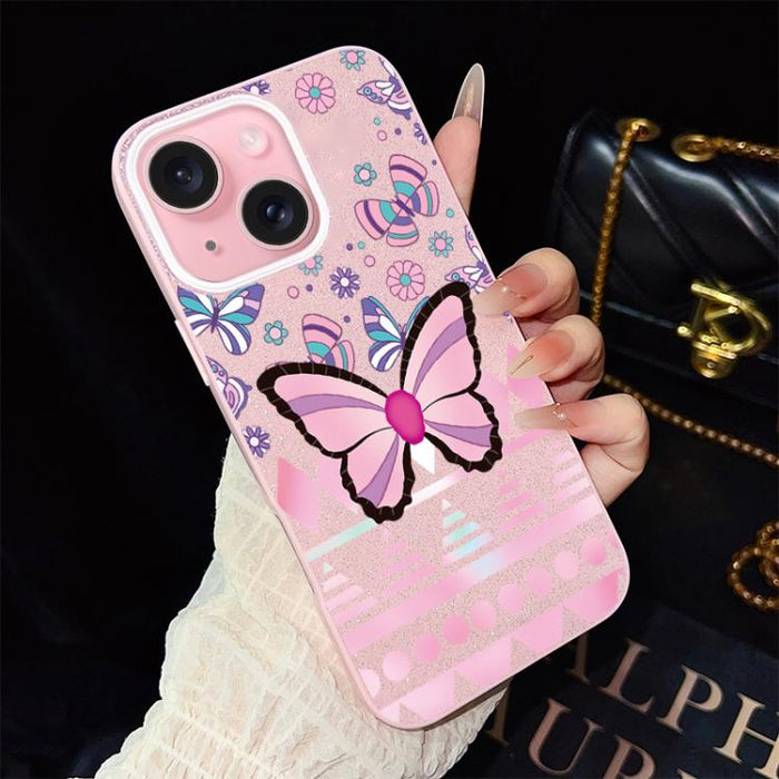 Funda híbrida para teléfono IMD con estampado de mariposa rosa y purpurina, de PC y TPU., For iPhone 17e / 16e, For iPhone 17 Pro Max, For iPhone 17 Pro, For iPhone 17, For iPhone Air, For iPhone 16 Pro Max, For iPhone 16 Pro, For iPhone 16 Plus       ...