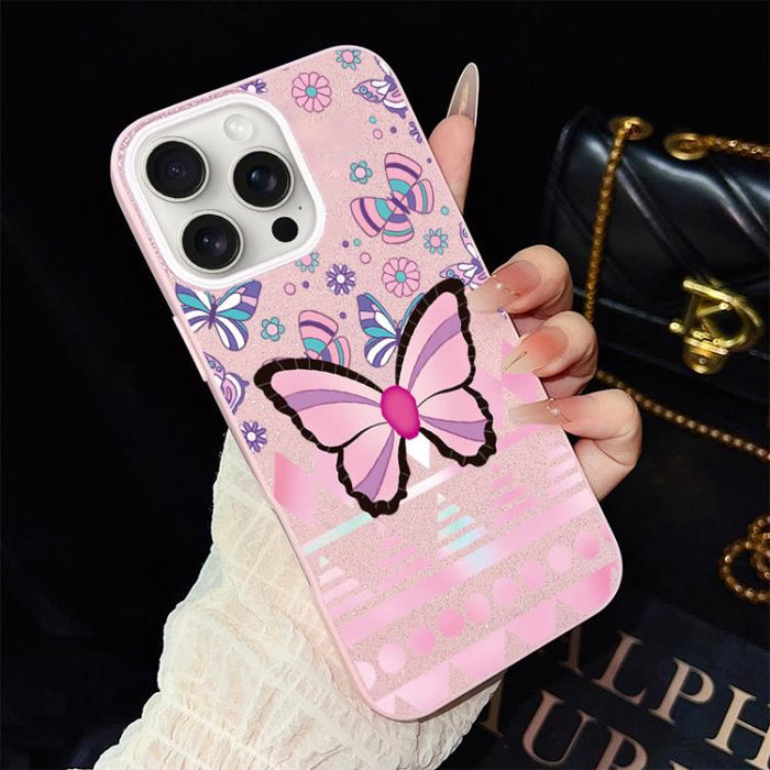 Funda híbrida para teléfono IMD con estampado de mariposa rosa y purpurina, de PC y TPU., For iPhone 17e / 16e, For iPhone 17 Pro Max, For iPhone 17 Pro, For iPhone 17, For iPhone Air, For iPhone 16 Pro Max, For iPhone 16 Pro, For iPhone 16 Plus       ...