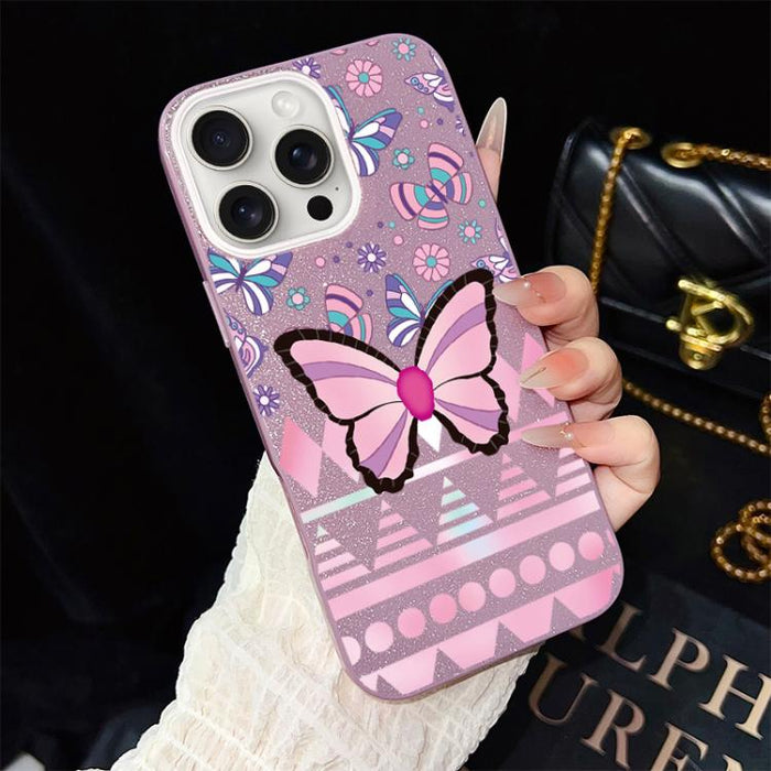 Funda híbrida para teléfono IMD con estampado de mariposa rosa y purpurina, de PC y TPU., For iPhone 17e / 16e, For iPhone 17 Pro Max, For iPhone 17 Pro, For iPhone 17, For iPhone Air, For iPhone 16 Pro Max, For iPhone 16 Pro, For iPhone 16 Plus       ...