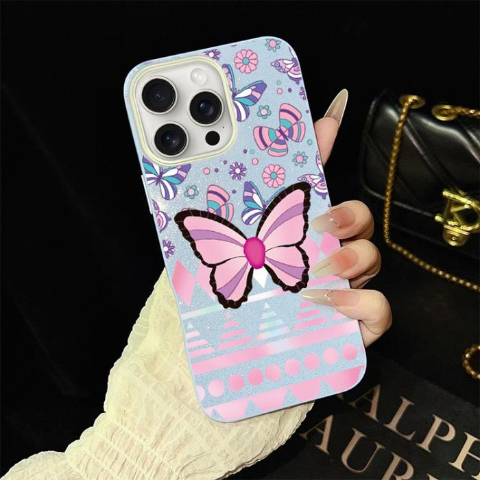 Funda híbrida para teléfono IMD con estampado de mariposa rosa y purpurina, de PC y TPU., For iPhone 17e / 16e, For iPhone 17 Pro Max, For iPhone 17 Pro, For iPhone 17, For iPhone Air, For iPhone 16 Pro Max, For iPhone 16 Pro, For iPhone 16 Plus       ...