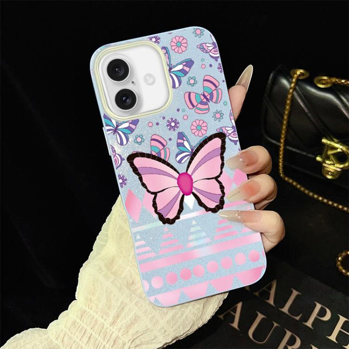 Funda híbrida para teléfono IMD con estampado de mariposa rosa y purpurina, de PC y TPU., For iPhone 17e / 16e, For iPhone 17 Pro Max, For iPhone 17 Pro, For iPhone 17, For iPhone Air, For iPhone 16 Pro Max, For iPhone 16 Pro, For iPhone 16 Plus       ...