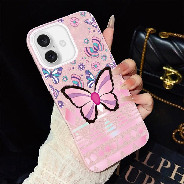 Funda híbrida para teléfono IMD con estampado de mariposa rosa y purpurina, de PC y TPU., For iPhone 17e / 16e, For iPhone 17 Pro Max, For iPhone 17 Pro, For iPhone 17, For iPhone Air, For iPhone 16 Pro Max, For iPhone 16 Pro, For iPhone 16 Plus       ...