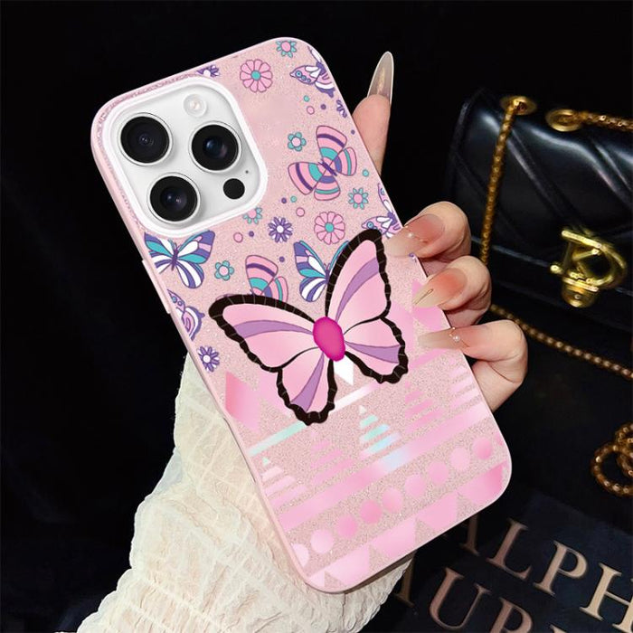 Funda híbrida para teléfono IMD con estampado de mariposa rosa y purpurina, de PC y TPU., For iPhone 17e / 16e, For iPhone 17 Pro Max, For iPhone 17 Pro, For iPhone 17, For iPhone Air, For iPhone 16 Pro Max, For iPhone 16 Pro, For iPhone 16 Plus       ...