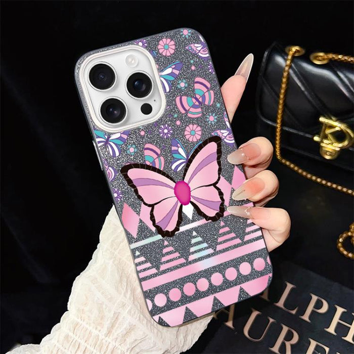 Funda híbrida para teléfono IMD con estampado de mariposa rosa y purpurina, de PC y TPU., For iPhone 17e / 16e, For iPhone 17 Pro Max, For iPhone 17 Pro, For iPhone 17, For iPhone Air, For iPhone 16 Pro Max, For iPhone 16 Pro, For iPhone 16 Plus       ...