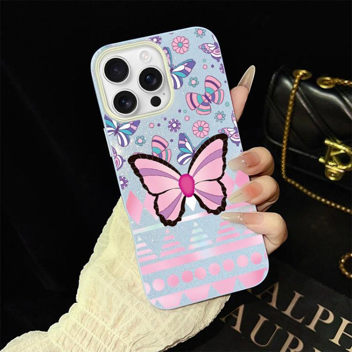 Funda híbrida para teléfono IMD con estampado de mariposa rosa y purpurina, de PC y TPU., For iPhone 17e / 16e, For iPhone 17 Pro Max, For iPhone 17 Pro, For iPhone 17, For iPhone Air, For iPhone 16 Pro Max, For iPhone 16 Pro, For iPhone 16 Plus       ...