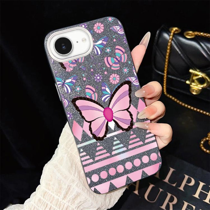 Funda híbrida para teléfono IMD con estampado de mariposa rosa y purpurina, de PC y TPU., For iPhone 17e / 16e, For iPhone 17 Pro Max, For iPhone 17 Pro, For iPhone 17, For iPhone Air, For iPhone 16 Pro Max, For iPhone 16 Pro, For iPhone 16 Plus       ...