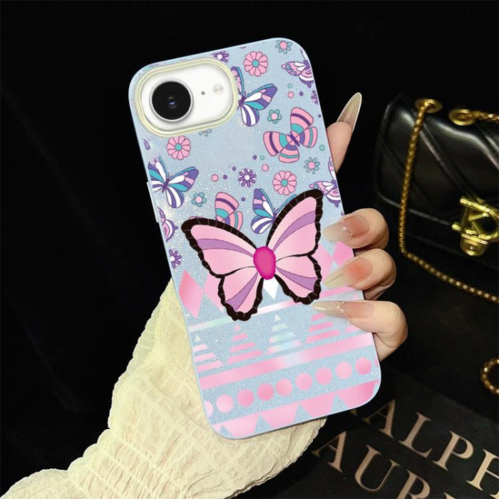 Funda híbrida para teléfono IMD con estampado de mariposa rosa y purpurina, de PC y TPU., For iPhone 17e / 16e, For iPhone 17 Pro Max, For iPhone 17 Pro, For iPhone 17, For iPhone Air, For iPhone 16 Pro Max, For iPhone 16 Pro, For iPhone 16 Plus       ...