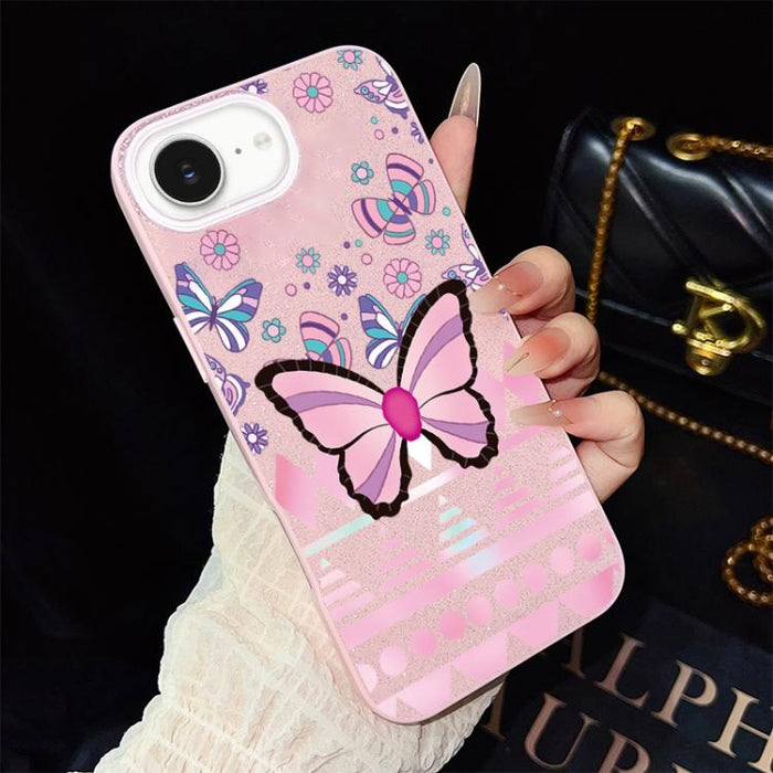 Funda híbrida para teléfono IMD con estampado de mariposa rosa y purpurina, de PC y TPU., For iPhone 17e / 16e, For iPhone 17 Pro Max, For iPhone 17 Pro, For iPhone 17, For iPhone Air, For iPhone 16 Pro Max, For iPhone 16 Pro, For iPhone 16 Plus       ...