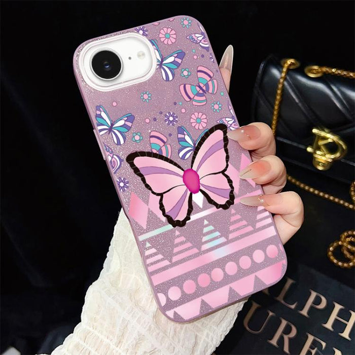 Funda híbrida para teléfono IMD con estampado de mariposa rosa y purpurina, de PC y TPU., For iPhone 17e / 16e, For iPhone 17 Pro Max, For iPhone 17 Pro, For iPhone 17, For iPhone Air, For iPhone 16 Pro Max, For iPhone 16 Pro, For iPhone 16 Plus       ...