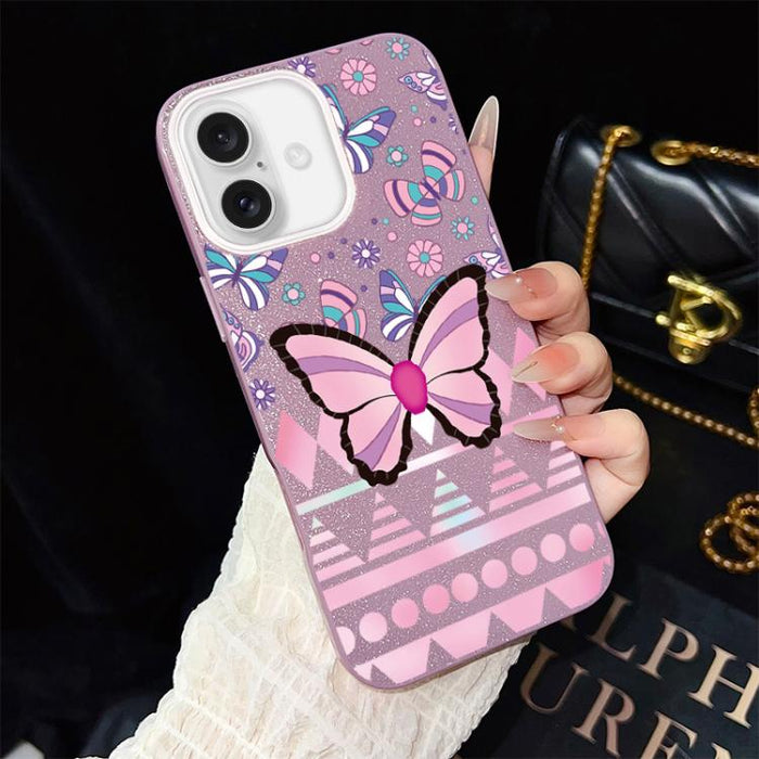 Funda híbrida para teléfono IMD con estampado de mariposa rosa y purpurina, de PC y TPU., For iPhone 17e / 16e, For iPhone 17 Pro Max, For iPhone 17 Pro, For iPhone 17, For iPhone Air, For iPhone 16 Pro Max, For iPhone 16 Pro, For iPhone 16 Plus       ...