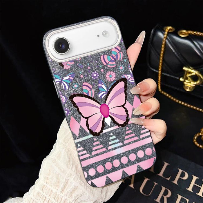 Funda híbrida para teléfono IMD con estampado de mariposa rosa y purpurina, de PC y TPU., For iPhone 17e / 16e, For iPhone 17 Pro Max, For iPhone 17 Pro, For iPhone 17, For iPhone Air, For iPhone 16 Pro Max, For iPhone 16 Pro, For iPhone 16 Plus       ...
